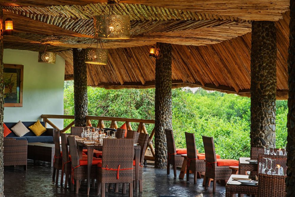 Thatched open-air lodge dining area overlooking the bush